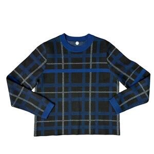 Margaret O'Leary Blue Black Plaid Pullover Merino Wool Cropped Sweater Size S